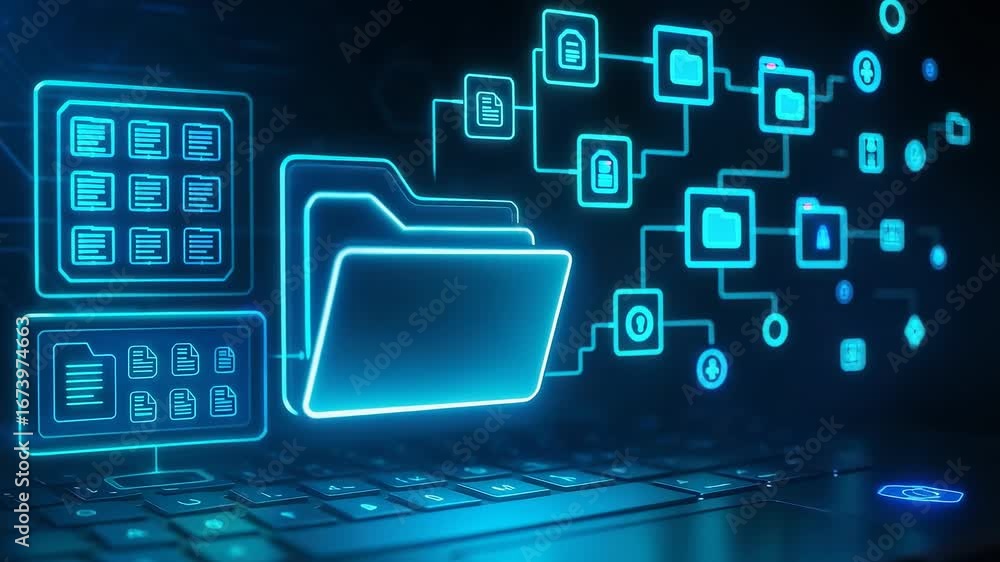 Poster neon folder keyboard network icons files security technology display screen