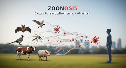 A conceptual image of zoonosis, showing various animals transmitting diseases like viruses and bacteria to a human.