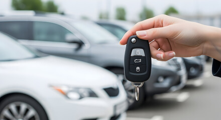 Close Up of Hand Holding Car Key with New Cars Parked in a Row Daytime