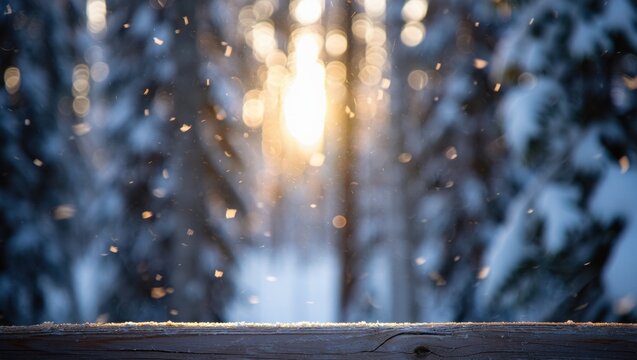 Warm sunlight filters through snowy forest with falling snow