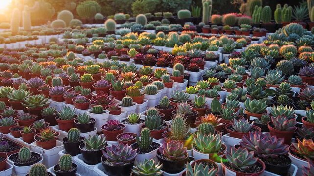 Golden sunset illuminating wide rows of potted succulents, casting warm light across diverse, colorful plant varieties in nursery greenhouse setting