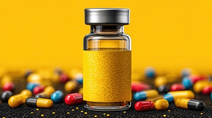 Vaccine vial surrounded by colorful capsules on vibrant yellow background for medical awareness and health campaigns