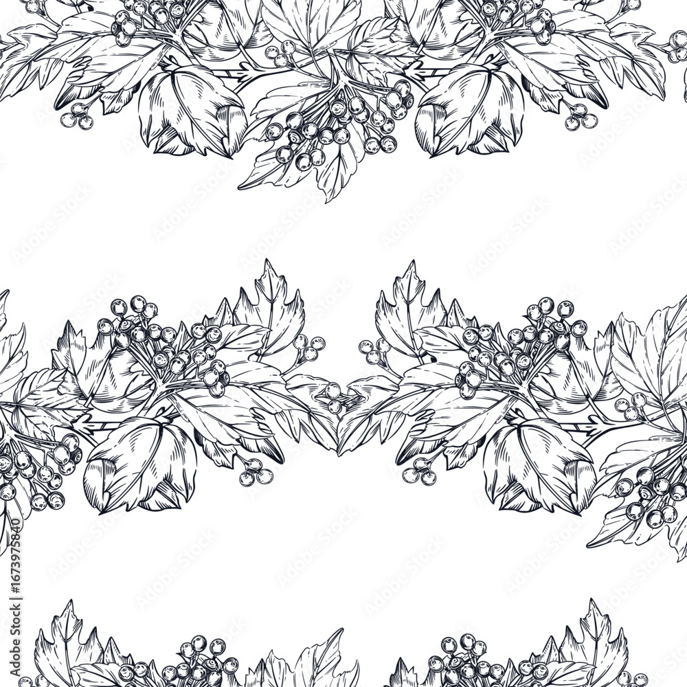 Aufkleber seamless vector pattern of viburnum berries and leaves, viburnum shrub branches. all objects are han