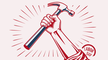 Flat vector of worker’s hand holding hammer raised upward, bold modern design, white background Labor Day poster style