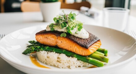 Salmon fillet on rice with asparagus, creamy sauce, and microgreens