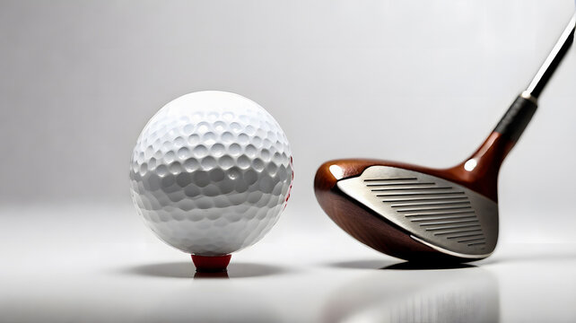 A golf club poised to strike a golf ball, captured in a clean close-up with ample white space.