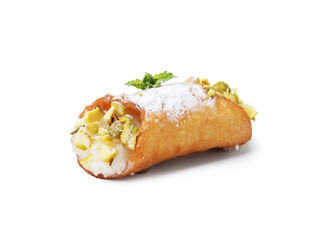 Delicious cannoli with cheese, pistachios, powdered sugar and mint isolated on white