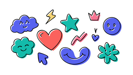 Happy cartoon doodle icons cheerful