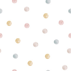 Watercolor seamless pattern with pastel polka dot design. Cute abstract texture for nursery and scrapbook. Decorative background for textile and wrapping.