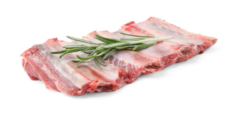Fresh raw beef ribs and rosemary isolated on white