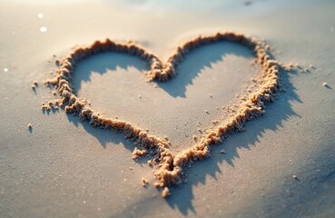 Heart shape drawn in sand on sunny beach. Gentle ocean waves, soft sand create romantic backdrop for symbol of love. Perfect for summer vacation themes, romantic getaways, Valentine day celebrations.
