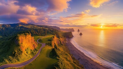Naklejka premium Majestic coastal road snaking through cliffs at twilight, sun dipping below horizon, highlighting dramatic landscape