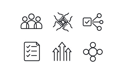 Fototapeta premium simple outline stroke icon isolated on white background: group teamwork circle hands shared task checklist page arrow lines unity mark