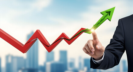 Hand Pointing to Green Arrow Sign Above Red Business Line Graph With City Background