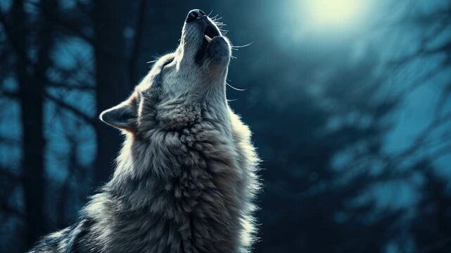 A dramatic close-up, low-angle shot of a wolf howling at the moon in a forest, creating a cinematic, mysterious video-like atmosphere. Live desktop wallpaper.