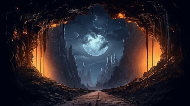 Landscape of a road with caves and anomalous portals to other worlds.