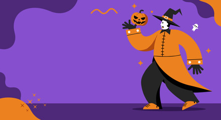 Festive Halloween illustration of a character in a witch costume holding a Jack-o'-lantern on a vibrant purple background. Perfect for spooky season promotions.