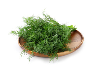 Plate with bunch of fresh dill isolated on white