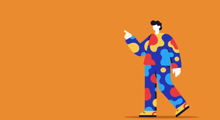 Modern flat design illustration of a person in a colorful abstract outfit pointing left, perfect for highlighting new ideas, direction, or opportunities. Great for business and creative presentations.