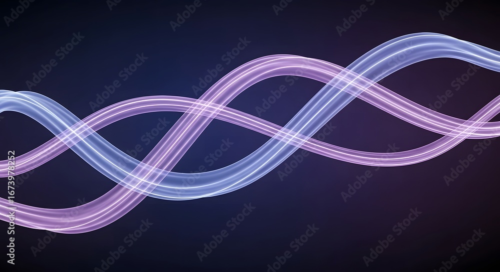 Poster abstract glowing neon light waves creating a mesmerizing intertwined helix pattern against a dark ba