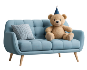 Teddy bear with party hat sitting on blue sofa, soft pillow beside, cozy celebration atmosphere, cheerful and playful mood, home interior decor