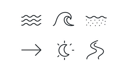 Obraz premium simple outline stroke icon isolated on white background: ocean tide crest wave sand edge pull arrow moon glow flow path