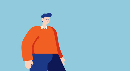 Modern flat illustration of a man in an orange sweater, standing against a blue background with ample copy space. Versatile for business, tech, or lifestyle designs.