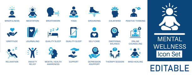 Mental Wellness icon set. Includes symbols for Meditation, Therapy Session, Anxiety Relief, and Self-care. Flat vector icons for psychology, counseling, and personal well-being.