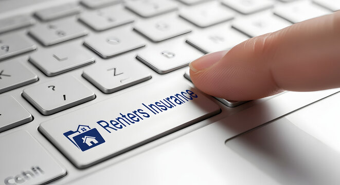 Index Finger Pushing Renters Insurance Key on White Modern Computer Keyboard