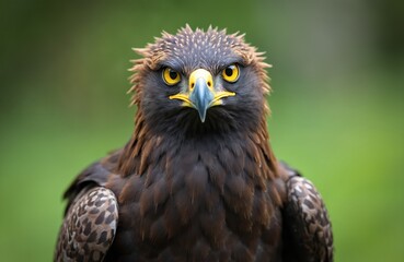 Fototapeta premium Close-up portrait of majestic martial eagle, Polemaetus bellicosus. Intense yellow eyes, sharp beak prominent against dark brown feathers. Bird exhibits eyesight, symbol of predatory prowess, wild