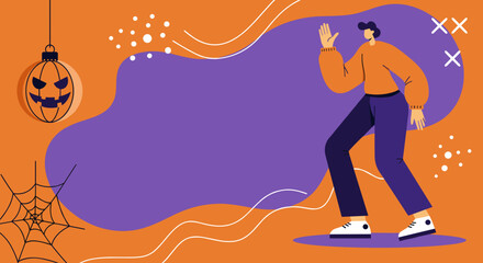 Festive Halloween illustration featuring a stylized person with a jack-o'-lantern and spiderweb, ideal for holiday promotions and seasonal events.