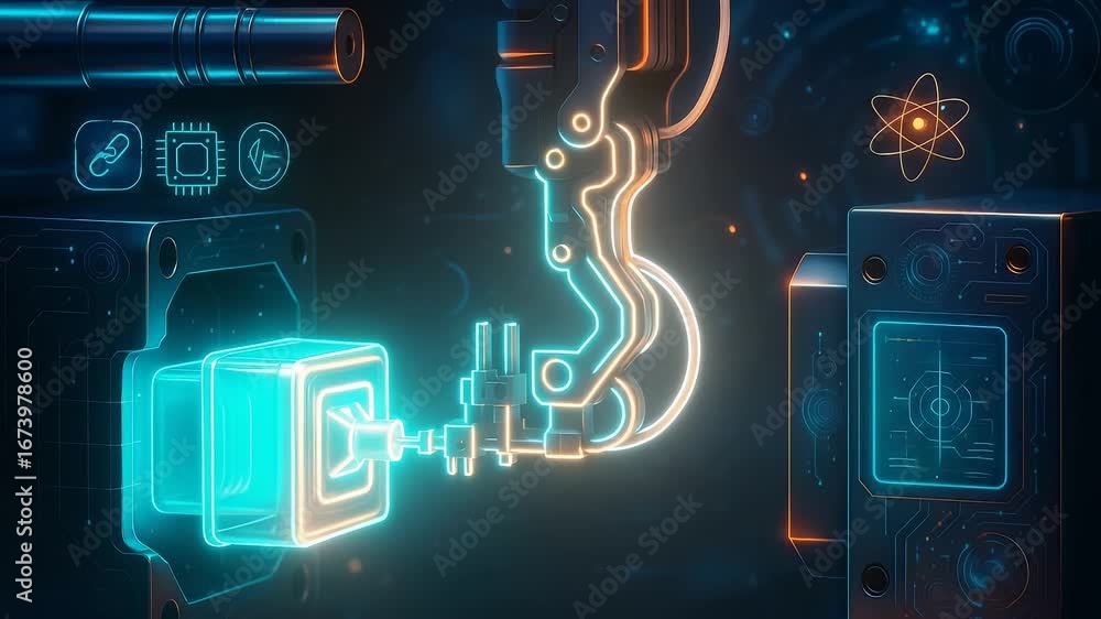 Poster robot arm cube plug icons atom machine technology industry automation system display