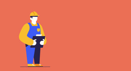 Professional worker in a hard hat and overalls holding a clipboard. Ideal for concepts of construction, service, inspection, employment, or task management with ample copy space.