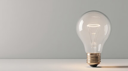 Modern incandescent light bulb with glowing filament on a minimal neutral background