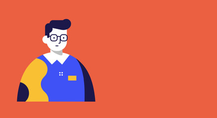 Minimalist illustration of a character with glasses in a blue and yellow outfit, set against a vibrant orange background. Ideal for business, tech, or educational themes.