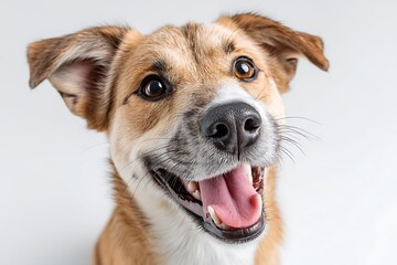 A happy, smiling mongrel dog with its joyful expression, isolated on a pure white background.