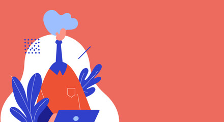 Stylized illustration of a person working remotely on a laptop amidst creative abstract elements. Ideal for modern business, digital lifestyle, or technology concepts.