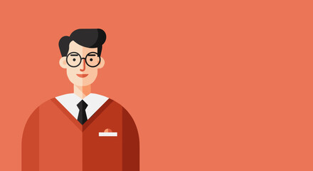 Friendly minimalist illustration of a professional man in glasses and a red sweater, ideal for business, education, or lifestyle content. Features ample copy space.