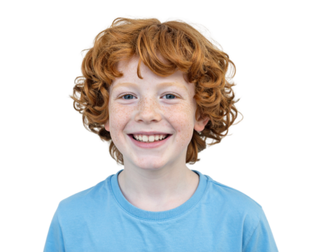 Smiling Redhead Boy with Freckles, Casual Clothing, Isolated Transparent Background PNG