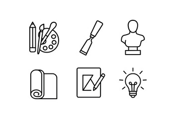 simple outline stroke icon isolated on white background: artistic creation chisel tool sculpture form fabric roll design sheet glowing idea