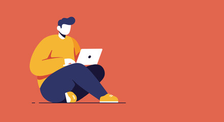 Minimalist illustration of a person sitting casually and working on a laptop. Represents remote work, online learning, or digital lifestyle, ideal for technology and business concepts.