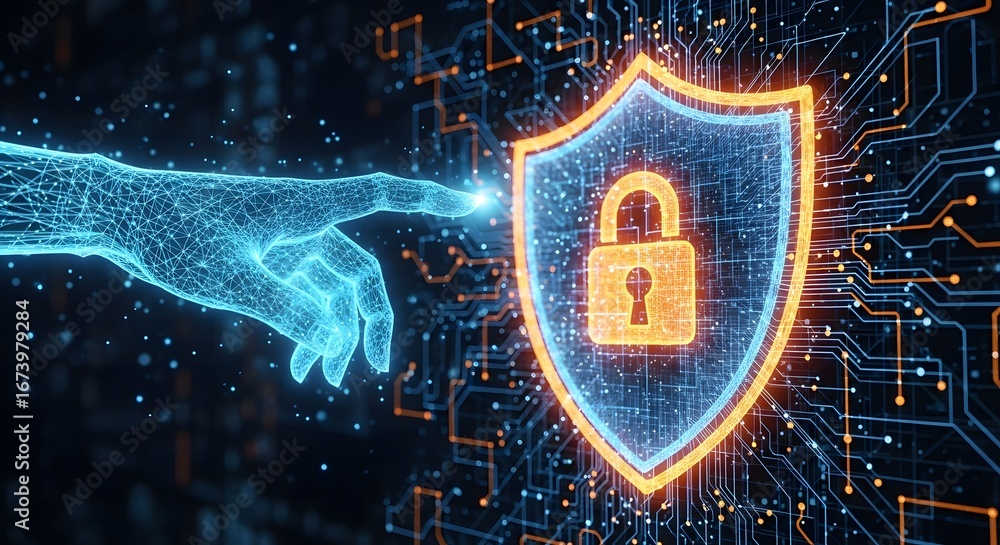 Poster digital hand reaching towards glowing shield with padlock symbol representing cybersecurity and data