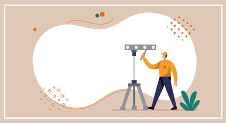 Technician setting up or adjusting equipment, ideal for business, installation, or event services. Flat illustration with ample copy space for design projects.