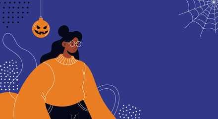 Festive graphic illustration featuring a woman, Halloween pumpkin, and spiderweb on a blue background, ideal for seasonal greetings or promotions. © House of Vector