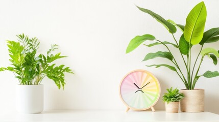 Retro-inspired colorful pixel clock on white desk, paired with indoor plants for a cozy modern interior look