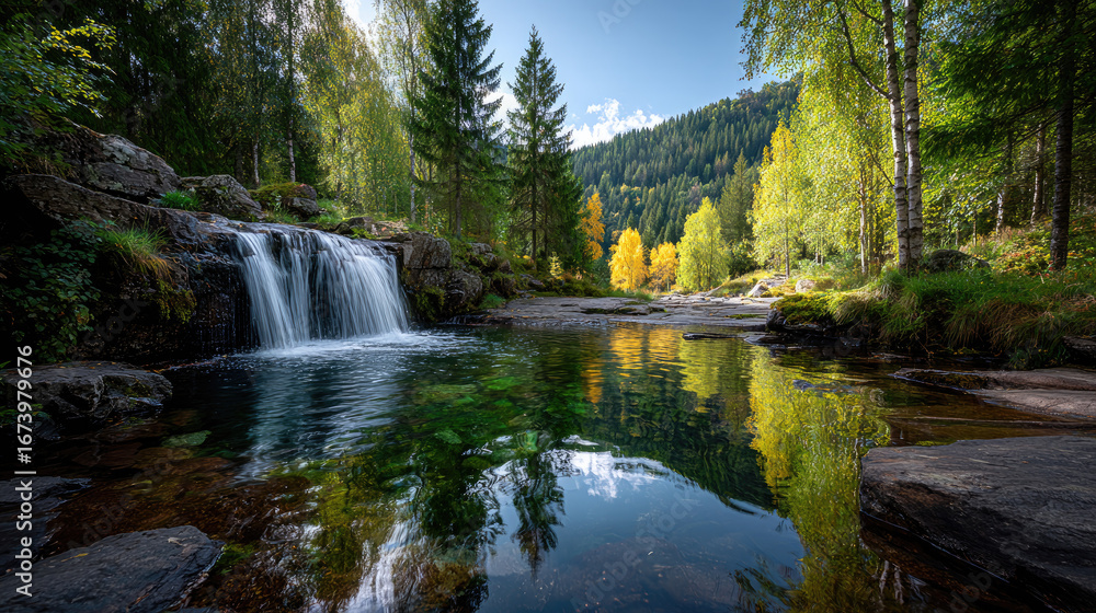 Poster a delicate veil-like waterfall flows over smooth granite into a perfectly still river pool that refl