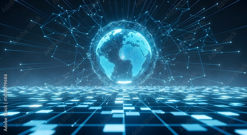Poster futuristic digital earth hologram emanating data streams above a glowing grid of binary code