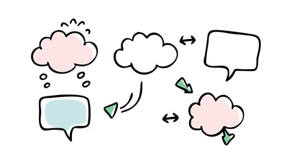 Pink and blue comic speech bubbles with green accents
