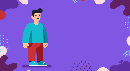 A stylized male character stands on a vibrant purple background with abstract design elements. Ideal for presenting concepts, information, or making announcements in a modern, engaging way.