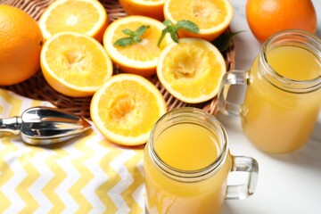Freshly squeezed orange juice, fruits and juicer on white table, closeup